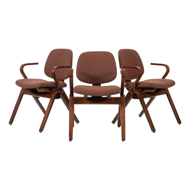 Brown Mid Century Plywood Arm Chairs by Joe Atkinson for Thonet, 3 Avail For Sale
