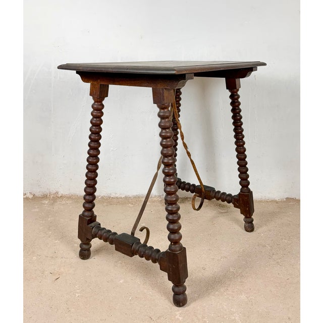 Wood Spanish Barley Twist Side Table with Wrought Iron Stretchers, 1930s For Sale - Image 7 of 11