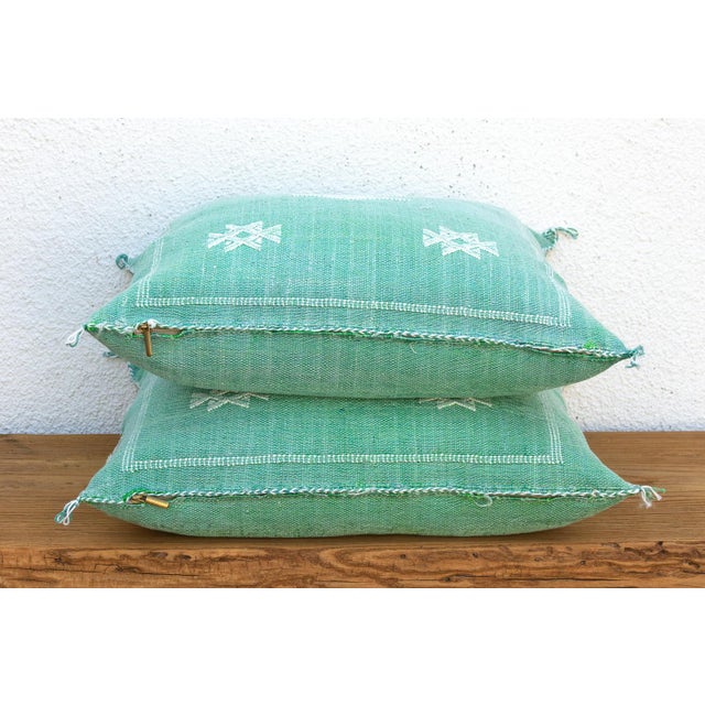 Pair of Aqua & White Cactus Silk Moroccan Pillows For Sale - Image 4 of 7