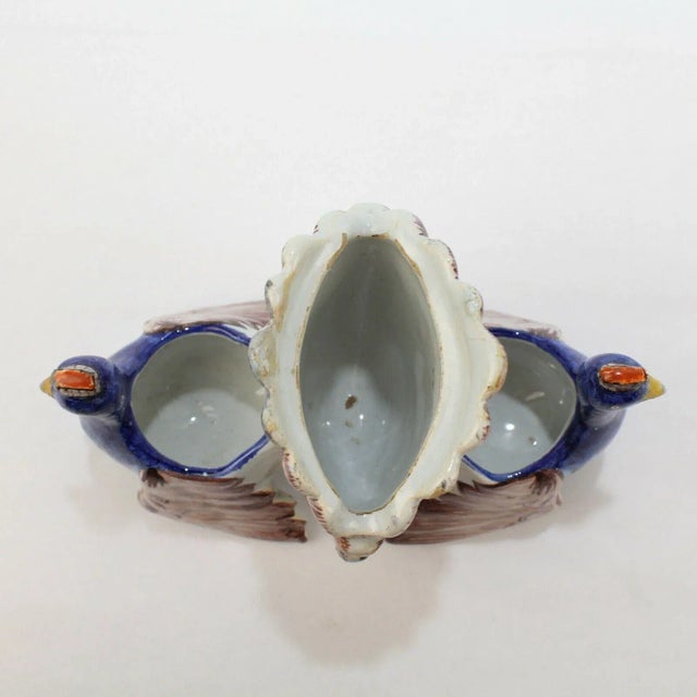 Antique Figural French Faience Pottery Peacocks Double Salt Cellar For Sale - Image 9 of 13