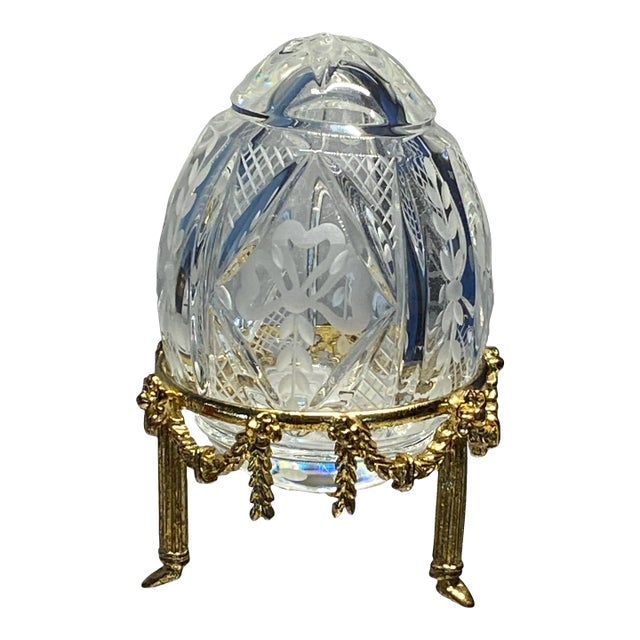 1980s Faberge Clear Cut Crystal Petite Egg Paper Weight Signed and Numbered With Stand For Sale