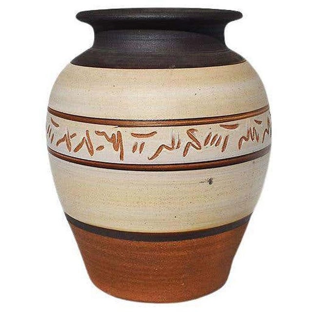 Rustic European Rustic Planter, Ginger Jar, Vase or Pot in Brown, Black and Cream - Signed For Sale - Image 3 of 7