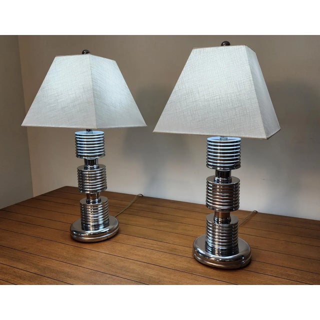 Karl Springer Mid 20th Century Mid-Century Modern Chrome Table Lamps - Tall Stacked Rings - Style of Karl Springer - Set of 2 For Sale - Image 4 of 14