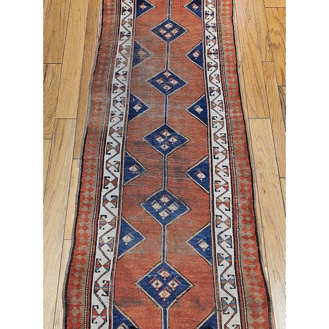 19th Century Persian Kurdish Runner Rug, Hand-Knotted Wool, Geometric Medallion Pattern, Terracotta & Navy, 3x12 For Sale - Image 9 of 16