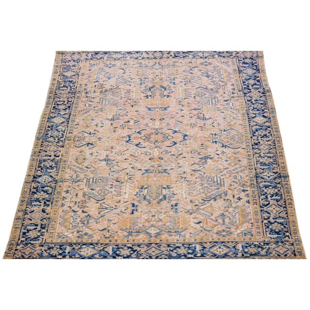 Persian 1920s Peach Handmade Antique Heriz Persian Wool Rug With Allover Pattern For Sale - Image 3 of 7