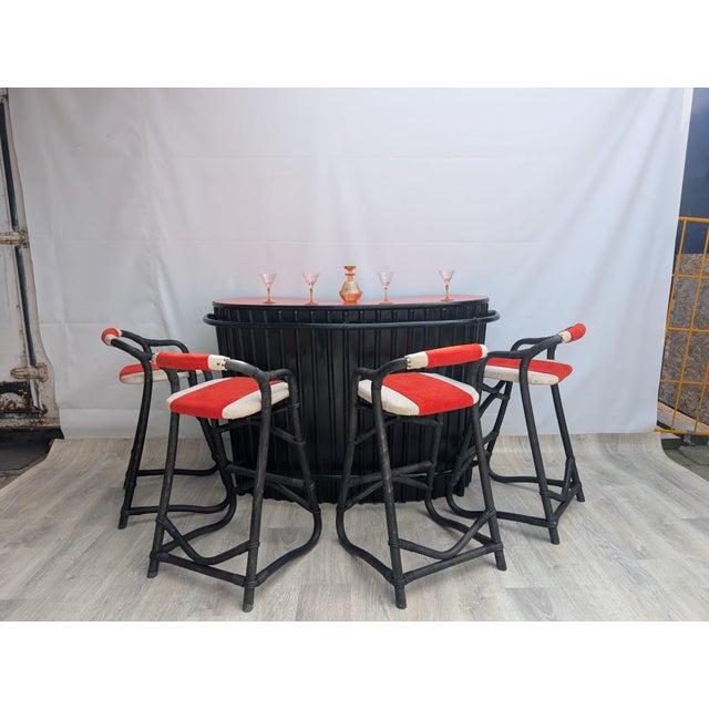 Tropical Bamboo Cocktail Bar with Chairs, France, 1960s Orange bamboo bar. Made in France in the 1960s Bar set with 4...