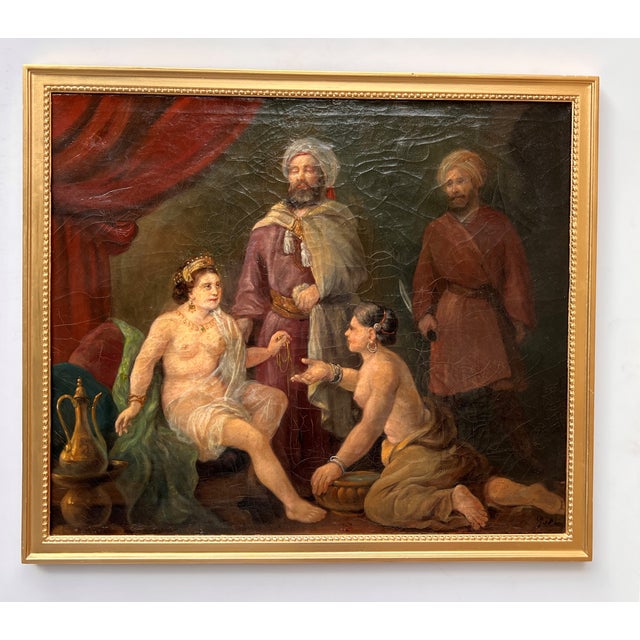 Mid 19th Century Antique Orientalist Royal Court Scene Oil Painting Signed Framed 19th Century For Sale - Image 5 of 11