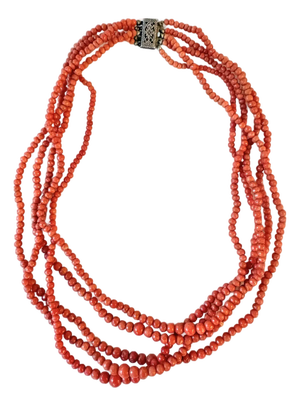 Vintage Coral Multi-Strand Beaded Necklace With Sterling Silver Clasp