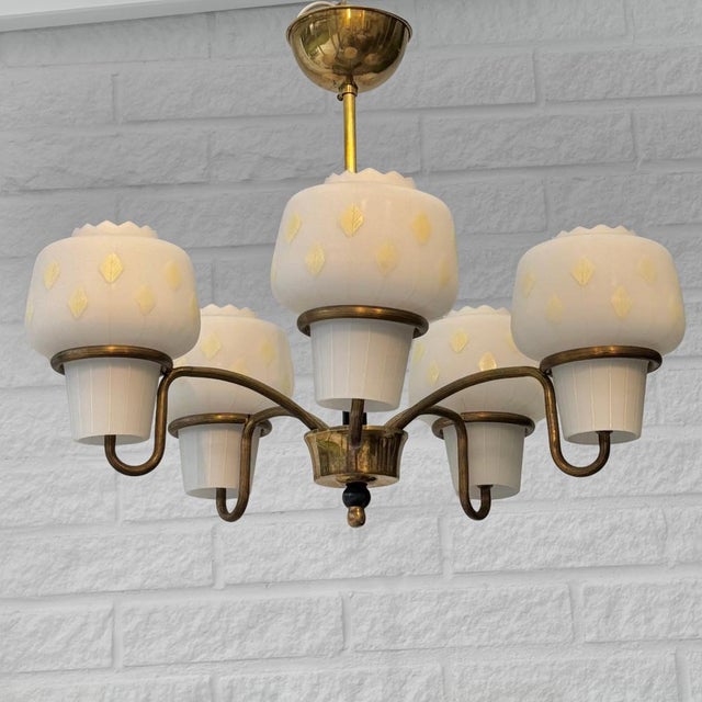 Vintage Scandinavian Chandelier in Brass and Glass, 1950s For Sale - Image 10 of 10