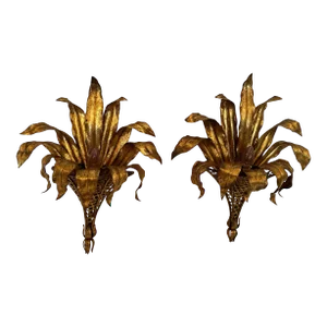 Hollywood Regency Italian Vintage Gilt Iron & Tole Palm Motif Wall Sconces