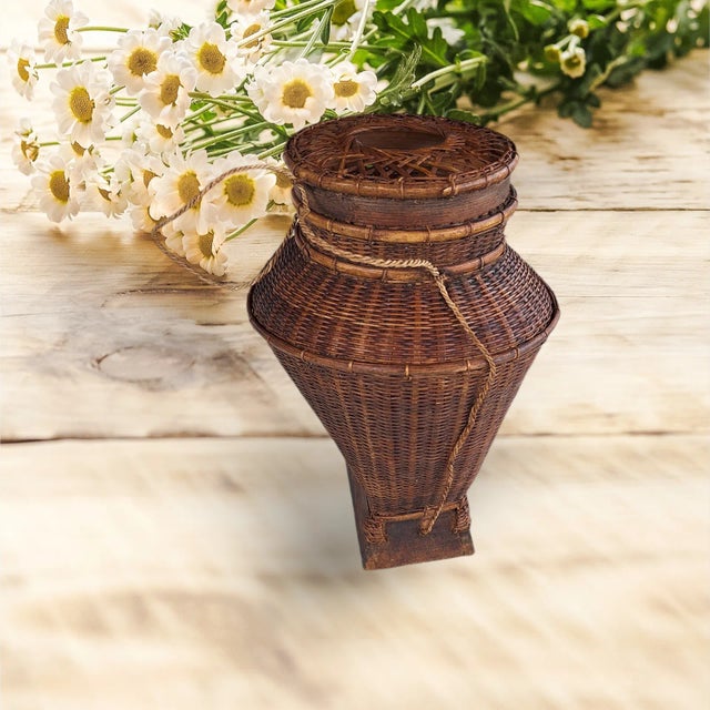 Brown 1960s Handwoven Asian Thailand Storage Basket With Lid For Sale - Image 8 of 11