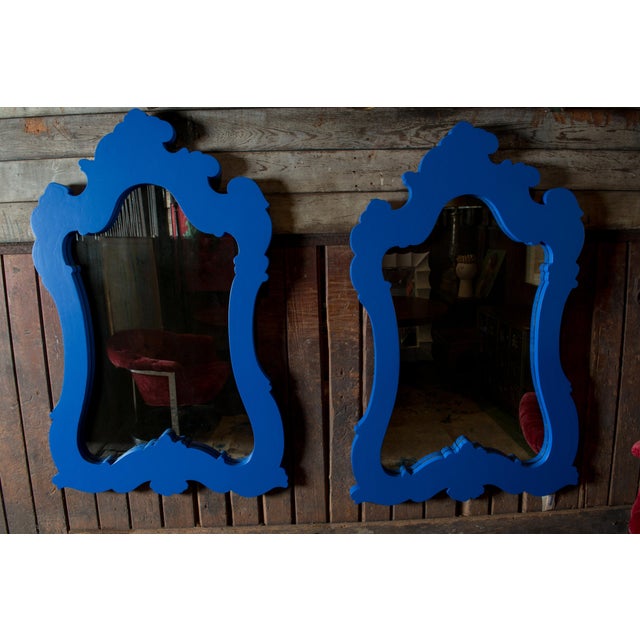 Pair Chinoiserie or Moroccan Blue Painted Wood Framed Mirrors, 1980s For Sale In New York - Image 6 of 12