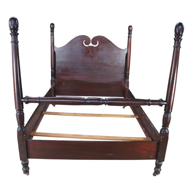 Antique Mahogany Sheraton Style Full Size 4 Post Open Pediment Bed For Sale