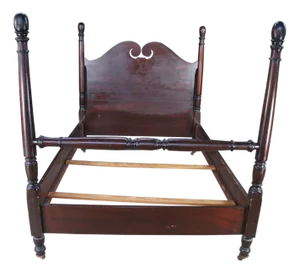 Antique Mahogany Sheraton Style Full Size 4 Post Open Pediment Bed