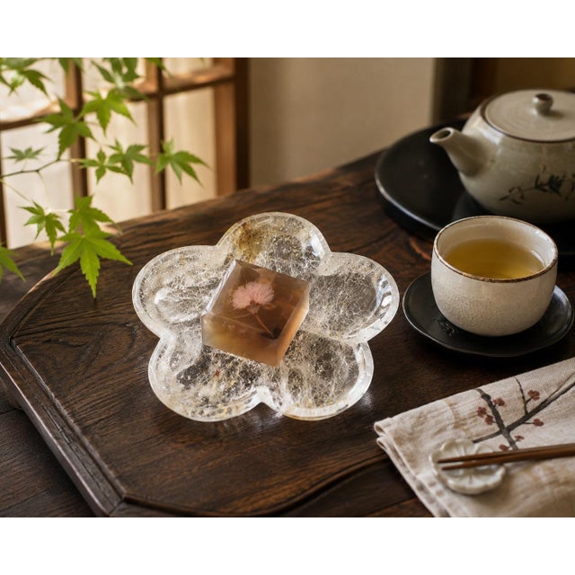 An exquisite plate hand carved from 100% natural clear rock crystal, beautifully shaped, finely crafted by a Japanese...