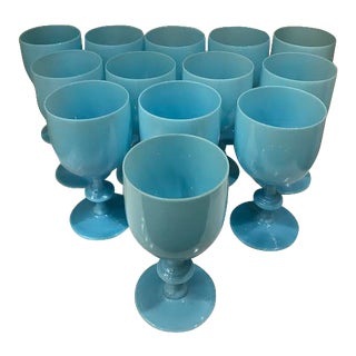Portieux Vallerysthal Opaline Glasses in Aqua - Set of 13 For Sale