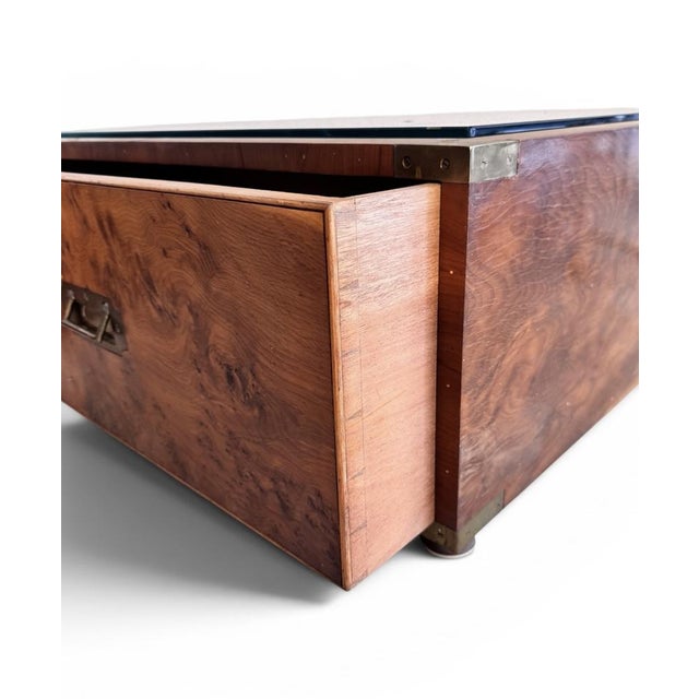 Brown Burr Maple Campaign Drawers with Brass Motifs, 1970, Set of 2 For Sale - Image 8 of 18