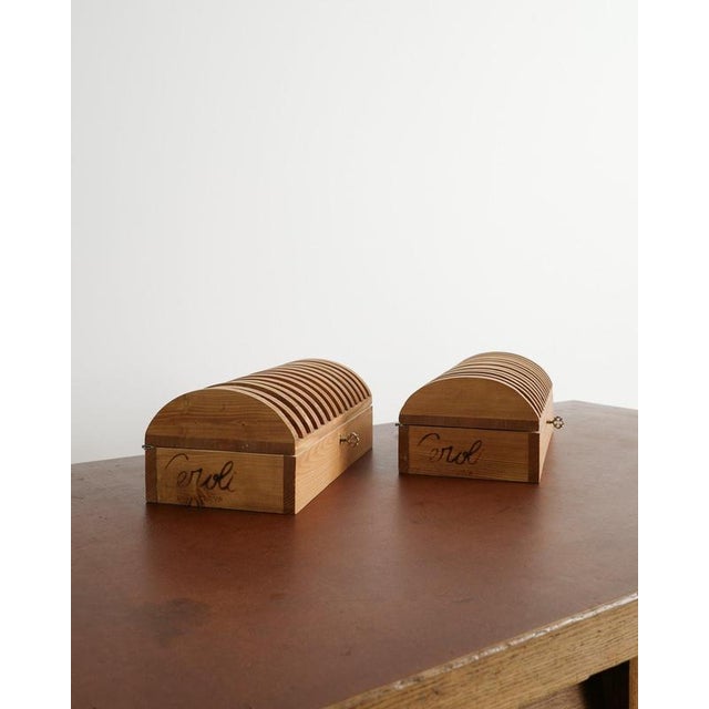 A very rare pair of decorative italian mid century wooden storing boxes in russian pine wood with brass keys by mario...