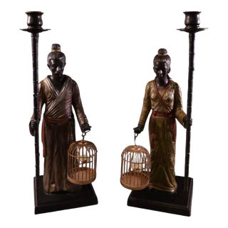 Pair of Antique Oriental Cold Painted Bronze Figural Candlesticks For Sale