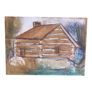 Circa 1974 Cabin House Portrait Mixed-Media Painting by Outsider Artist Jimmy Lee Sudduth For Sale