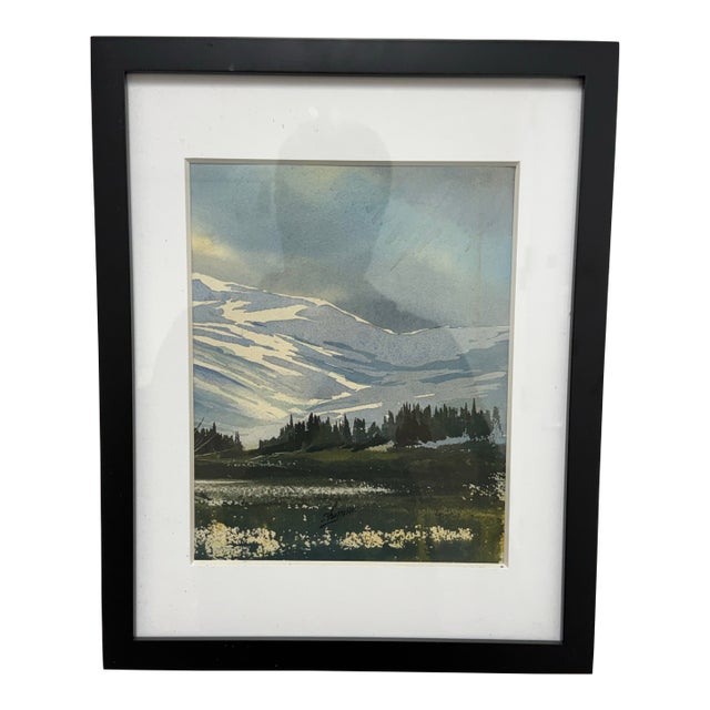 Landscape Watercolor of Valley in Mountains, Signed For Sale