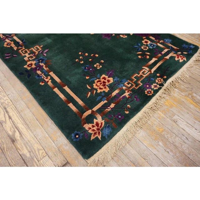 1920s Green Bamboo Floral Antique Chinese Art Deco Rug 4'2" X 7' Knotted Wool Carpet For Sale - Image 13 of 15