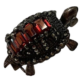 1970s Sterling Silver Marcasite and Baguette Garnet Turtle Brooch For Sale