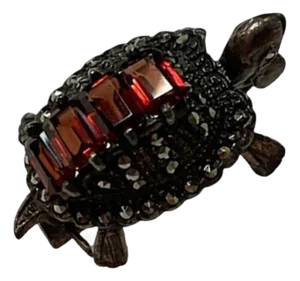 1970s Sterling Silver Marcasite and Baguette Garnet Turtle Brooch