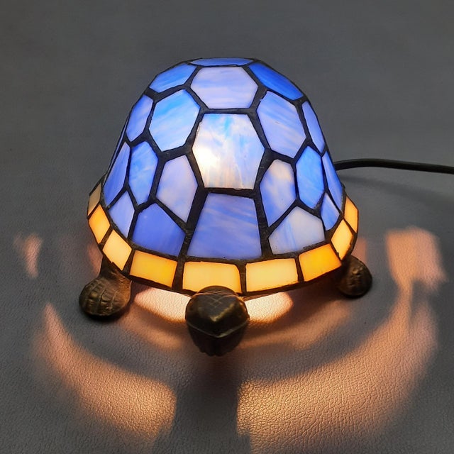 Blue Vintage Turtle Table Lamp in Blue Leaded Glass and Brass, 1970s For Sale - Image 8 of 12