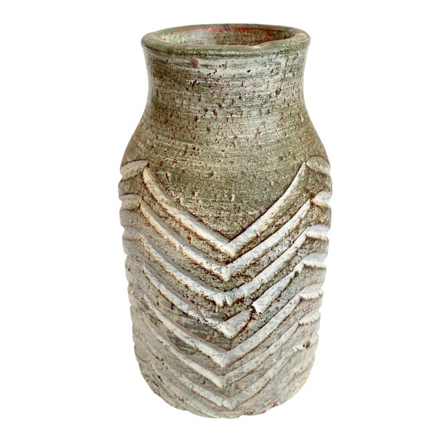 Contemporary Rustic Blue Green Ceramic Vase With Chevron Carving For Sale - Image 3 of 5