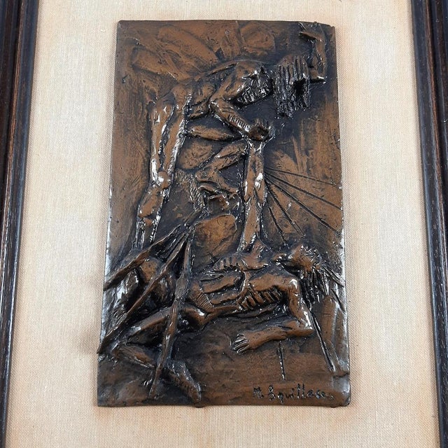 Fantastic painting with high relief figures in bronze-coloured resin agglomerate, created and signed by the well-known...