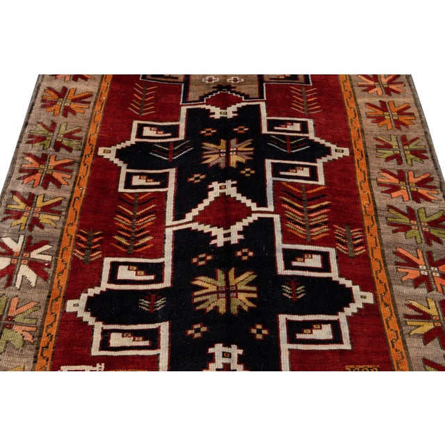 Tribal 1960s Vintage Azeri Handmade Red Tribal Wool Runner For Sale - Image 3 of 9