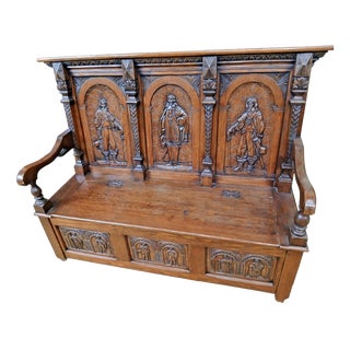 Antique 19th Century Victorian Carved Oak Settle For Sale