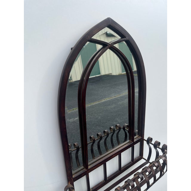 Blackened Bronze Cathedral Style Beveled Glass Wall Mirror and Caddy For Sale - Image 12 of 12