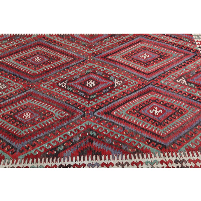 Red Antique Fethiye Tribal Kilim – Geometric Diamond Motifs, Anatolian Wool Weave -5' 3'' X 10' 4'' For Sale - Image 8 of 16