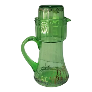English Green Glass Tumble Up Bedside Carafe With Floral Painted Scene