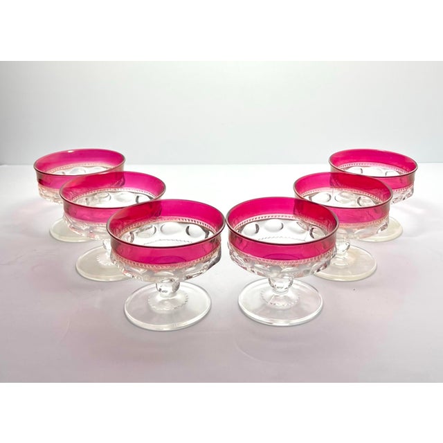 American 1950s Tiffin-Franciscan “King’s Crown” 6 Cranberry Red Coupe Champagne Glasses For Sale - Image 3 of 5