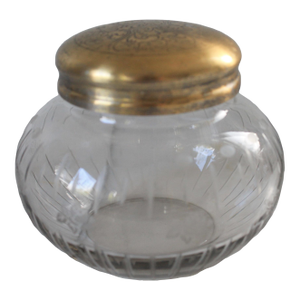 Vintage Cut Glass Victorian Vanity Powder Jar With Etch Flowers and Etched Bass Lid