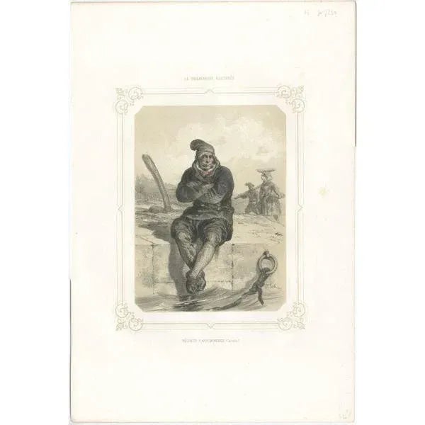 Antique print titled 'pêcheur d'arromanches (calvados)'. Old print depicting a fisherman from arromanches, france. This...