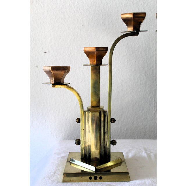 1920s Art Deco 3-Armed Candlesticks in Brass, 1920s, Set of 2 For Sale - Image 5 of 14