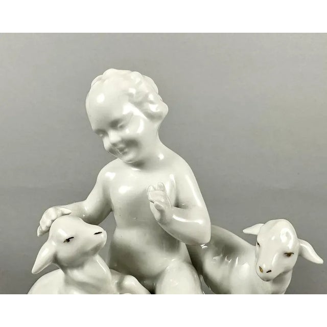 Ceramic Vintage Porcelain Figurine of Cherub with Lambs from Gerold & Co. Tettau, Bavaria, Germany, 1960s For Sale - Image 7 of 9
