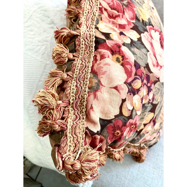 Vintage Decorative Cushion Pillow Floral Cabbage Roses and Fruits Pattern Cotton Linen Tassels Borders 19” X 19” For Sale - Image 11 of 12