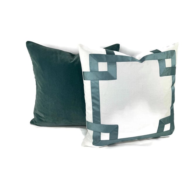White With Dark Smokey Blue Ribbon Embellished Pillow Cover - 20" X 20" Fretwork Greek Key Ribbon Cushion Case For Sale - Image 4 of 8