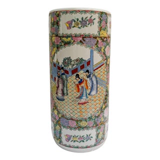 Vintage Hand-Painted Chinoiserie Rose Medallion Floral Umbrella Stand For Sale