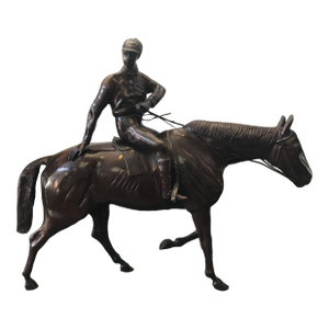 Bronze Race Horse and Jockey 22.5 X 24" Sculpture on Green Bronze Base