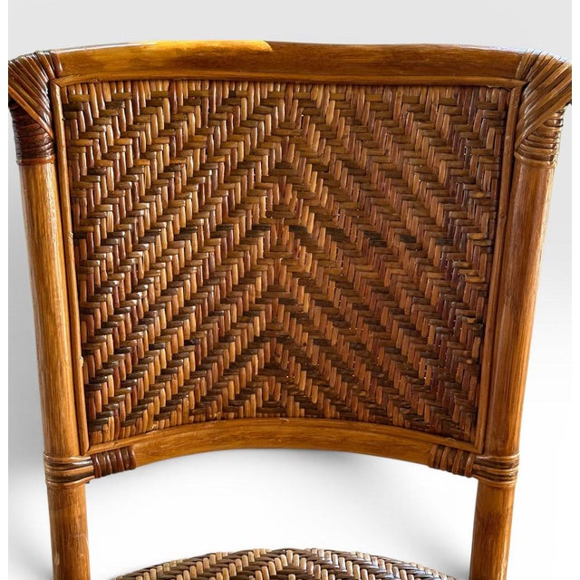 Tan Vintage French Style Bistro Bamboo and Rattan Dining Set Round Glass Top Table and Four Armchairs 5 Pieces For Sale - Image 8 of 16