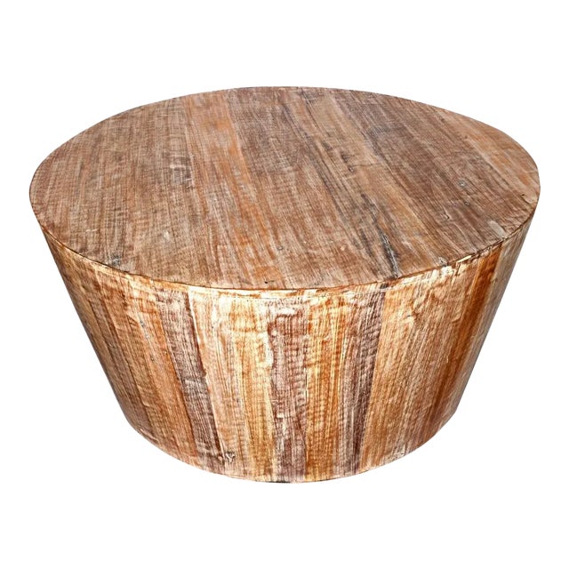 Rustic Solid Wood Handmade 36" Round Tapered Sides Barrel Coffee Table For Sale