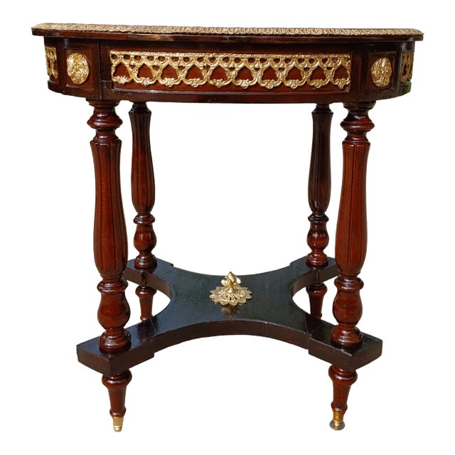 Antique French Louis XVI Mahogany Gallery Table Marquetry Inlaid and Brass Ormolu For Sale