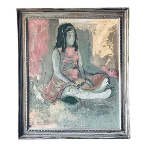 1950s Mid Century Modern Tscharfinger Girl Pink Dress Oil Painting