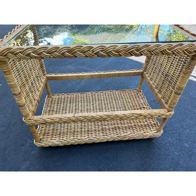 Mid Century Vintage Wicker & Glass Bar Cart – Breezy Elegance With Boho Charm For Sale - Image 11 of 11